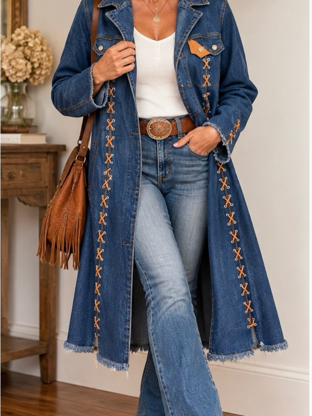 Vintage Ethyl Y2K Denim Duster Jacket Lace Up Western Boho Frayed Hem Size L